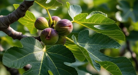 Obraz premium Fig Tree Branch with Ripening Figs and Lush Green Leaves Capturing the Essence of Summer