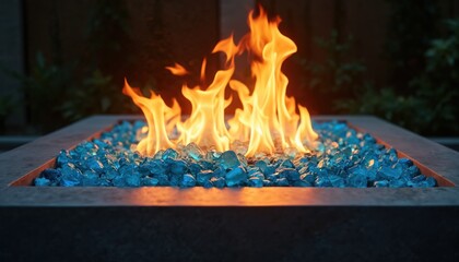 Modern outdoor fire pit with bright orange flames burning above blue glass rocks at night. Square metal hearth provides warm ambient glow for backyard patio relaxation.