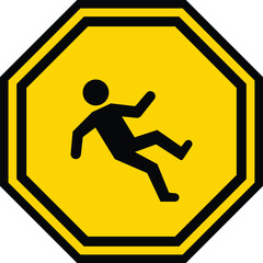 Yellow octagon warning sign with black silhouette of person slipping