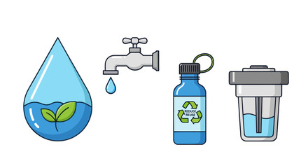 Clean Water Icons: Drop Tap Bottle and Filter.