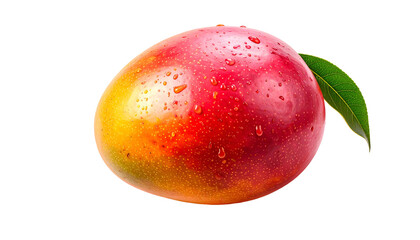 Glossy mango with drops and a leaf