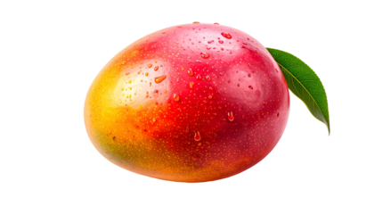 Glossy mango with drops and a leaf