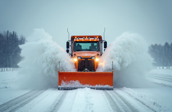 Orange snowplow truck clears white snow from road during winter storm with heavy snowfall. Vehicle drives forward pushing fluffy snow creating large clouds. Drivers work on icy expressway during bad