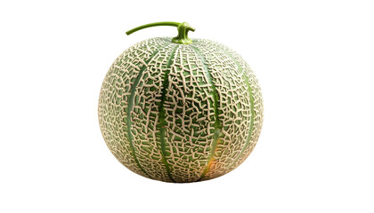 Textured cantaloupe with stem, green and tan on black background