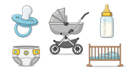 Baby Items Collection: Pacifier Stroller Bottle Diaper and Crib.