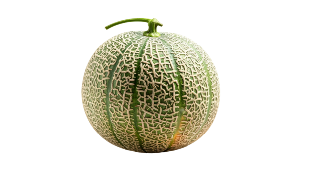 Textured cantaloupe with stem, green and tan on black background