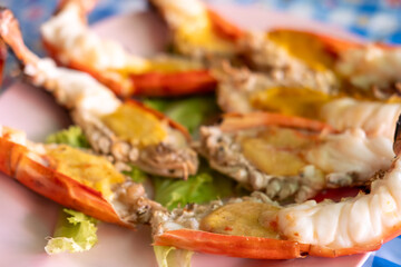 Grilled river prawns served on plate