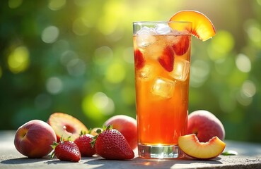 Cold refreshing peach, strawberry iced tea in tall glass with ice. Summer drink sits on outdoor table under bright sunshine. Ripe fruit, red berries arranged around cool beverage. Ideal for hot