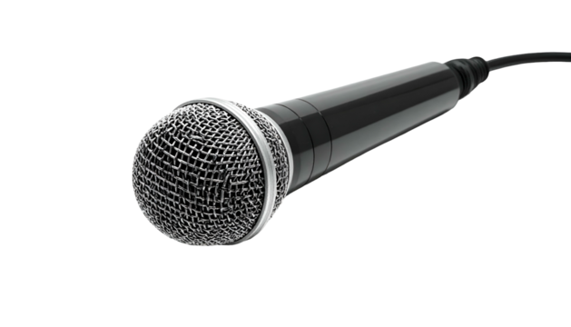 Shiny microphone with a silver grill over a black background - Powered by Adobe