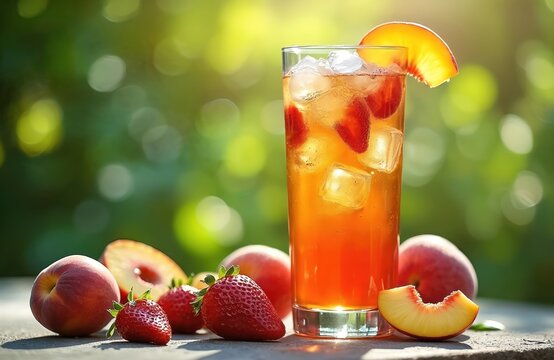 Cold refreshing peach, strawberry iced tea in tall glass with ice. Summer drink sits on outdoor table under bright sunshine. Ripe fruit, red berries arranged around cool beverage. Ideal for hot
