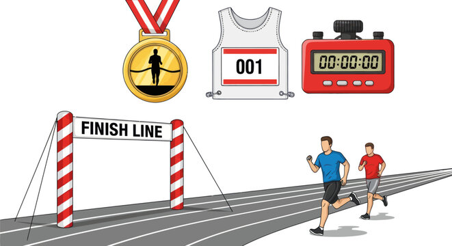 Sports competition elements including runners finish line medal jersey and stopwatch.