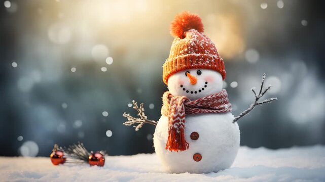 Cute Christmas snowman wearing a red hat and scarf, smiling with a carrot nose and button eyes, surrounded by snow and bokeh lights. Cheerful holiday scene. Winter magic.