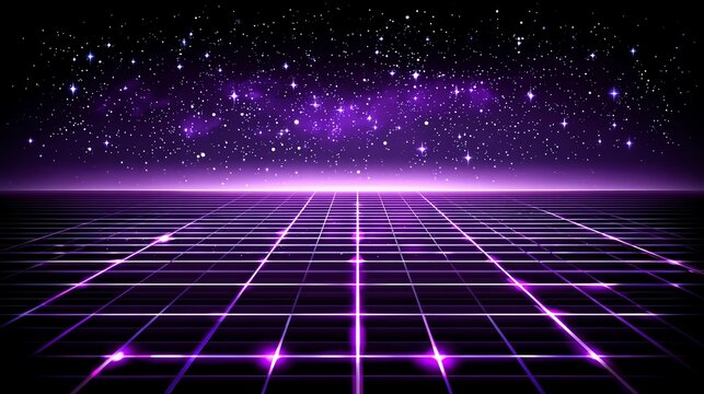 A vibrant digital landscape unfolds, showcasing a glowing grid receding into a star-filled horizon, evoking a sense of futuristic exploration and boundless possibility.