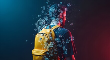 Digital self: Young man with backpack surrounded by abstract geometric data
