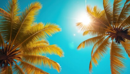 Bright sunny photo of palm trees against vibrant blue sky. Sun shines, creating lens flare. Tropical paradise scene with green leaves. Holiday season concept for travel and relaxation.