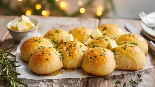 Freshly baked garlic butter dinner rolls topped with herbs and cubes of butter on parchment paper. Warm bokeh lights in the background. Rustic holiday setting. Christmas food concept.