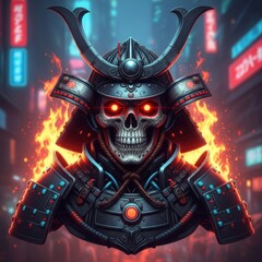 Fototapeta premium Futuristic spectral samurai warrior emerging amidst neon cityscapes in a blazing inferno