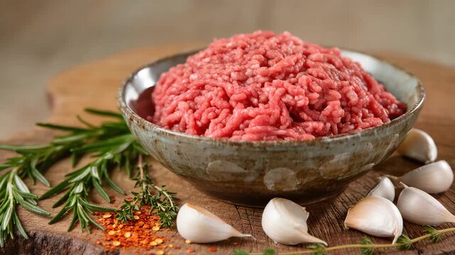 Fresh raw minced meat placed in a ceramic bowl with garlic, rosemary, thyme, and chili flakes on a wooden surface. Rustic food prep scene for cooking meat-based meals. Natural ingredients.