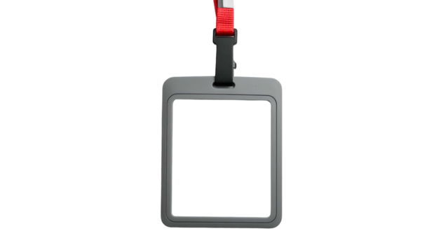 Blank ID badge with red lanyard strap, centered