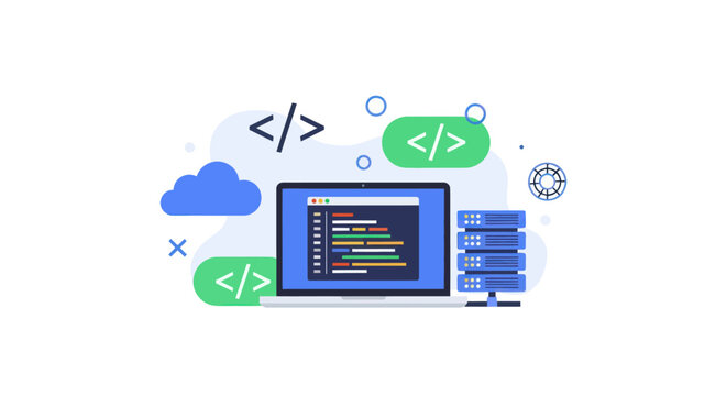 Laptop Displaying Code with Cloud Server and Code Tags.