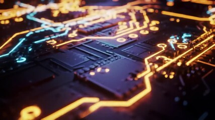 Closeup of a futuristic circuit board with glowing lines and microchips symbolizing advanced technology data processing and digital communication in a vibrant abstract light display. - Powered by Adobe