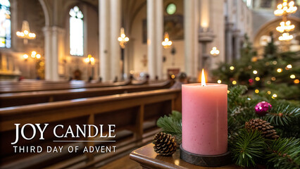 A single lit pink joy candle stands tall amidst a festive christmas wreath inside a grand ornate church sanctuary during the advent season