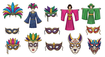 Colorful Carnival Masks and Traditional Costume Illustrations.