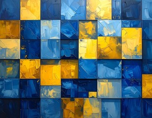 Colorful, textured, square abstract art in blue and yellow hues
