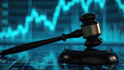 Judge gavel rests on digital finance chart. Legal action, economic analysis, court decision, justice concept. Financial law, business crime, stock market verdict.