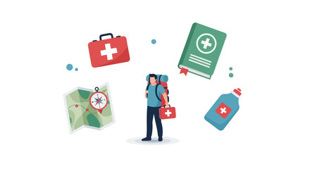 Illustration of a hiker surrounded by essential travel and first aid items.