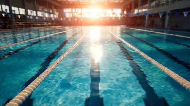 Serene Indoor Swimming Pool With Bright Sunlight Streaming Through Windows.