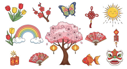 Collection of Chinese New Year and Spring Festival Decorative Elements.