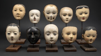 Collection of 12 vintage antique Asian wooden and ceramic mannequin heads with traditional facial features for art display and decor