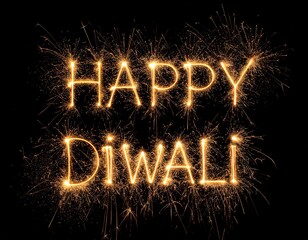 Glowing “HAPPY DIWALI” text above golden sparkler on dark background—evoking festive light, joy, and celebration.
