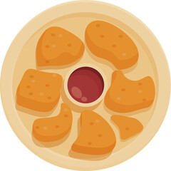 Crispy Golden Chicken Nuggets Arranged Around A Small Bowl Of Red Dipping Sauce On A Round Beige Plate