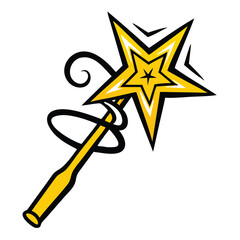 Obraz premium Yellow star magic wand with swirling black lines and white accents vector