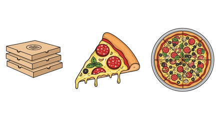 Pizza Boxes Slice and Whole Pizza with Pepperoni Olives and Basil.