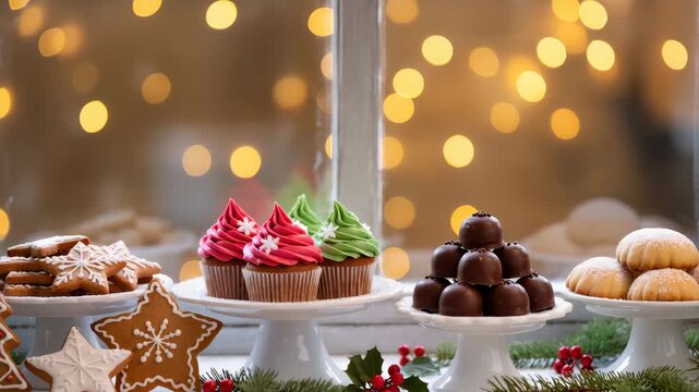 Decorated cupcakes with colorful frosting and snowflakes, chocolate truffles, star cookies, and shortbread on elegant stands. Warm glowing bokeh lights in the background. Holiday dessert setup.