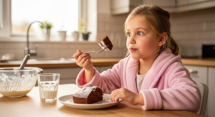 Girl in pink robe curiously observes a slice of cake while enjoying a treat after baking