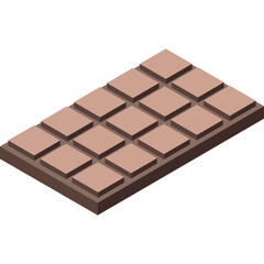 Isometric milk chocolate bar with 16 square pieces on a transparent background