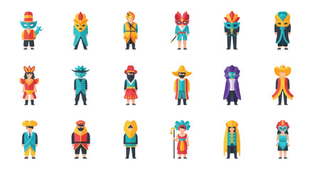 Collection of Diverse Pixel Art Characters in Unique Costumes Retro Game Style Avatars.