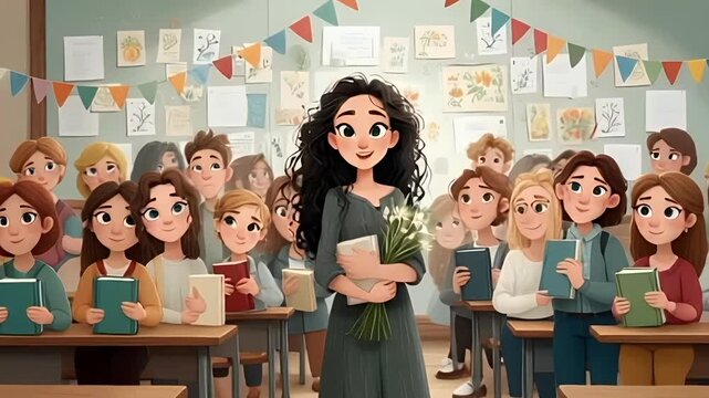 A teacher is standing in the middle of their students, cartoon style