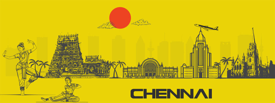 Chennai Skyline with Cultural Touch for Tourism &ndash; Marina Beach, Kapaleeshwarar Temple, Santhome Church, and City Landmarks &ndash; Vibrant South India Travel Concept for Posters and Digital Art
