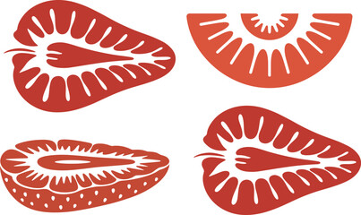 Obraz premium Stylized Artistic Representations of Strawberry Slices and Halves in Vibrant Red for Creative Graphic Design Applications and Organic Food Packaging Concepts