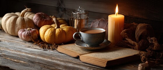 Cozy autumn scene with pumpkins candles open book coffee cup warm glow rustic wooden table