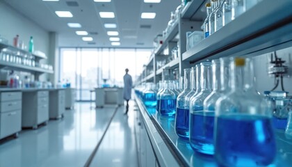Scientists work in a modern high-tech lab. Rows of glass flasks hold blue liquid. Researcher in white coat walks in bright spacious room with scientific equipment.