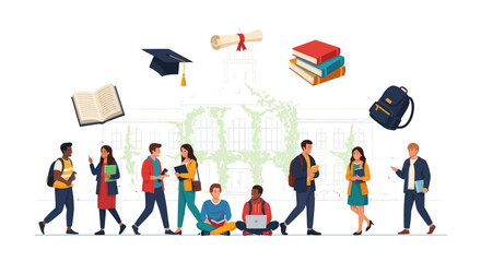 Diverse Young Students with Academic Symbols Representing Education and Learning.