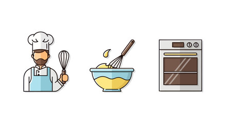 Chef with Whisk Mixing Bowl with Batter and Oven Illustration.