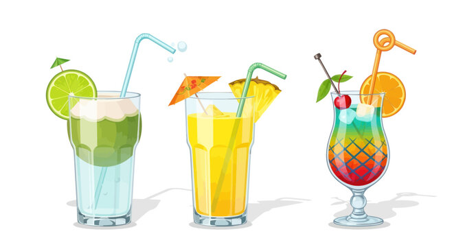 Vibrant tropical cocktails with fruit garnishes and straws.