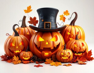 Whimsical Halloween scene with jack-o'-lanterns, top-hat pumpkin, autumn leaves, pinecones, and festive decor on white background—evoking seasonal charm and spooky delight.